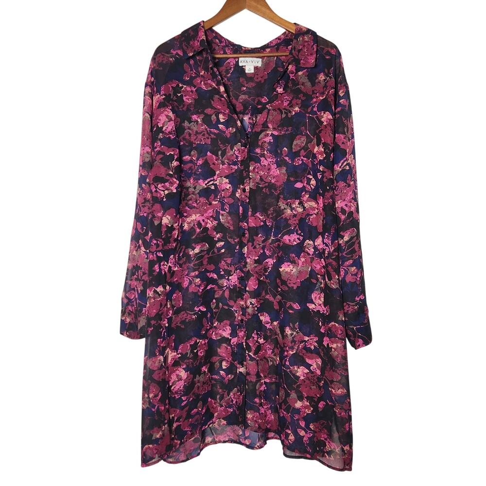Ava & Viv Button Down Tunic Top Plus 4X‎ Dark Romantic Floral Sheer WhimsiGoth